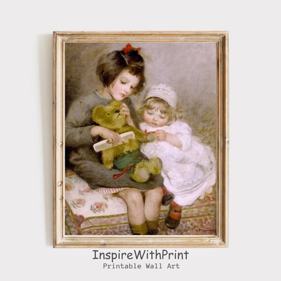 Victorian Painting Of Two Girls Combing Their Teddy Bear Poster