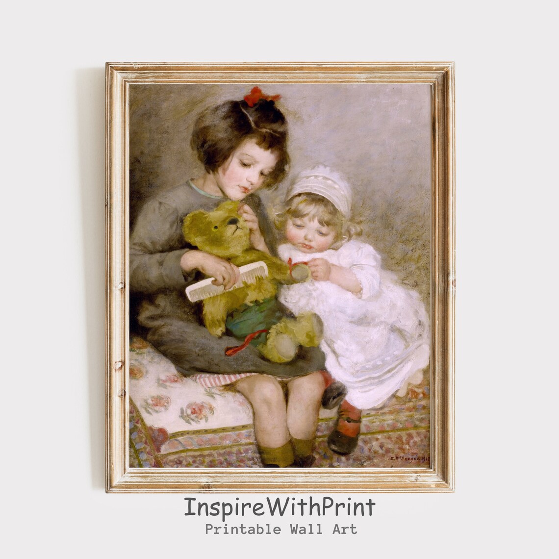 Victorian Painting Of Two Girls Combing Their Teddy Bear Poster