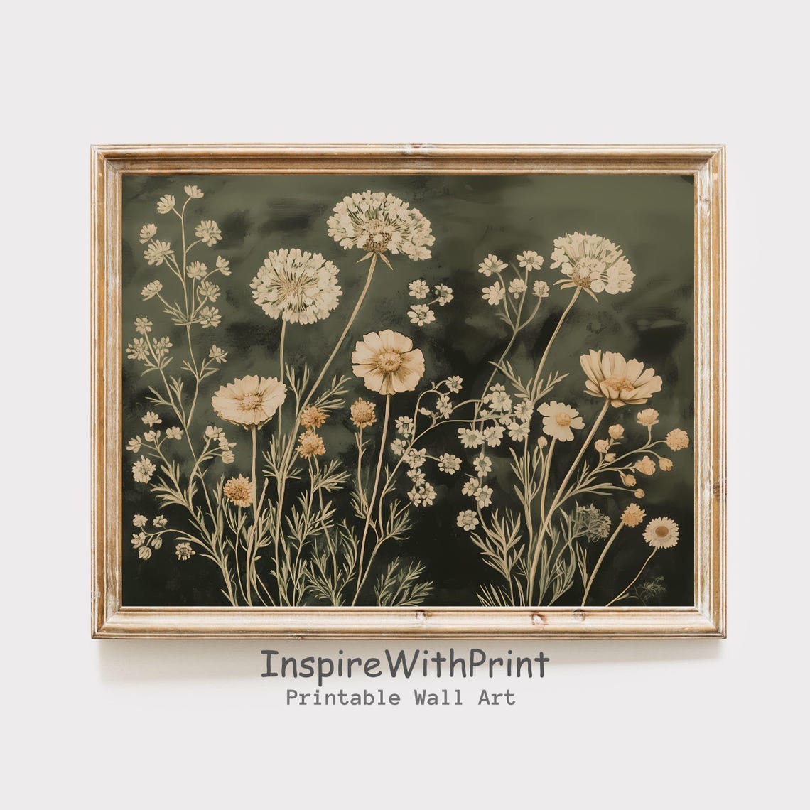 Moody Emerald Wildflowers Cream Botanical Dark Green Floral Art Poster