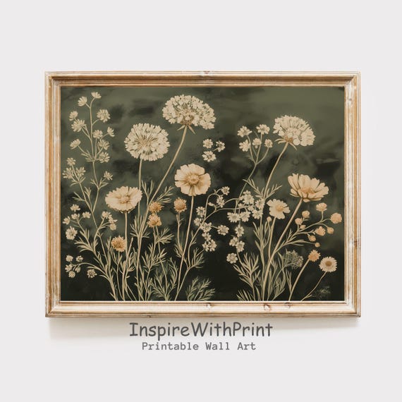 Boho Floral Emerald Green Wall Art Moody Wildflowers Print Vintage Style Flower Neutral Botanical Decor
