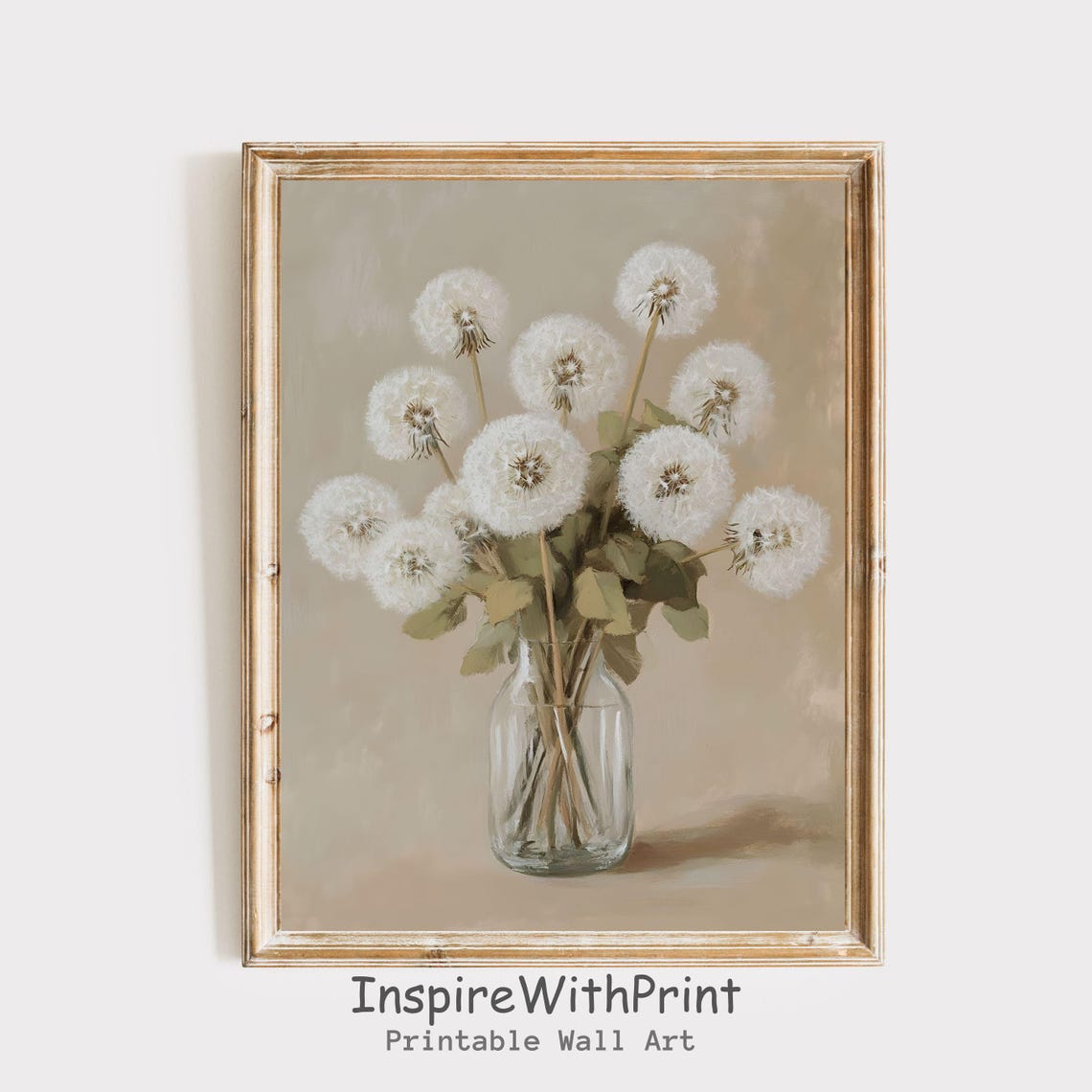 Dandelion Seed Heads Glass Vase Neutral Beige Botanical Wall Art