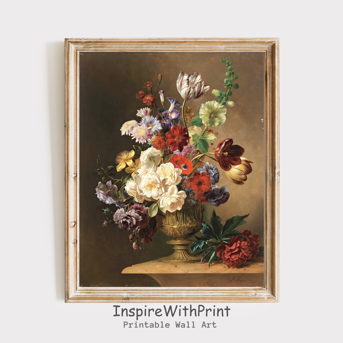 Dutch Master Style Flower Bouquet in Golden Urn Still Life Poster