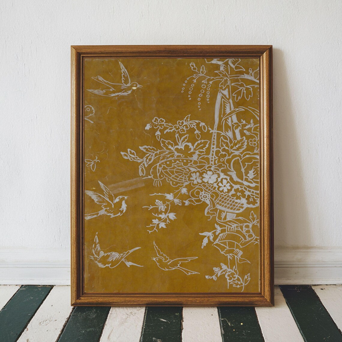 Golden Ochre Vintage Textile Art White Bird And Floral Poster