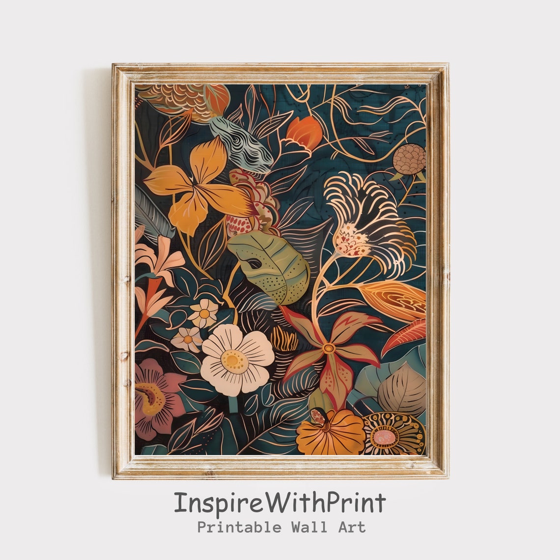 Midcentury Modern Botanical Bouquet Dark Teal Retro Floral Art Print