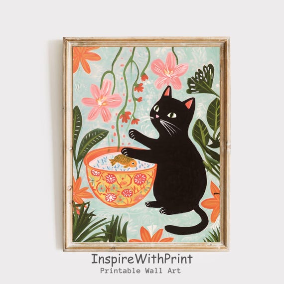 Cat Playing With Fish Bowl Print Matisse Black Wall Art And Floral Funny Pastel Inspired