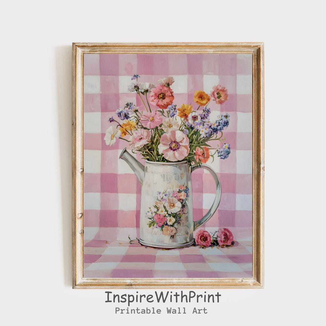 Wildflowers Metal Pitcher Pink Gingham Cottage Core Floral Wall Art