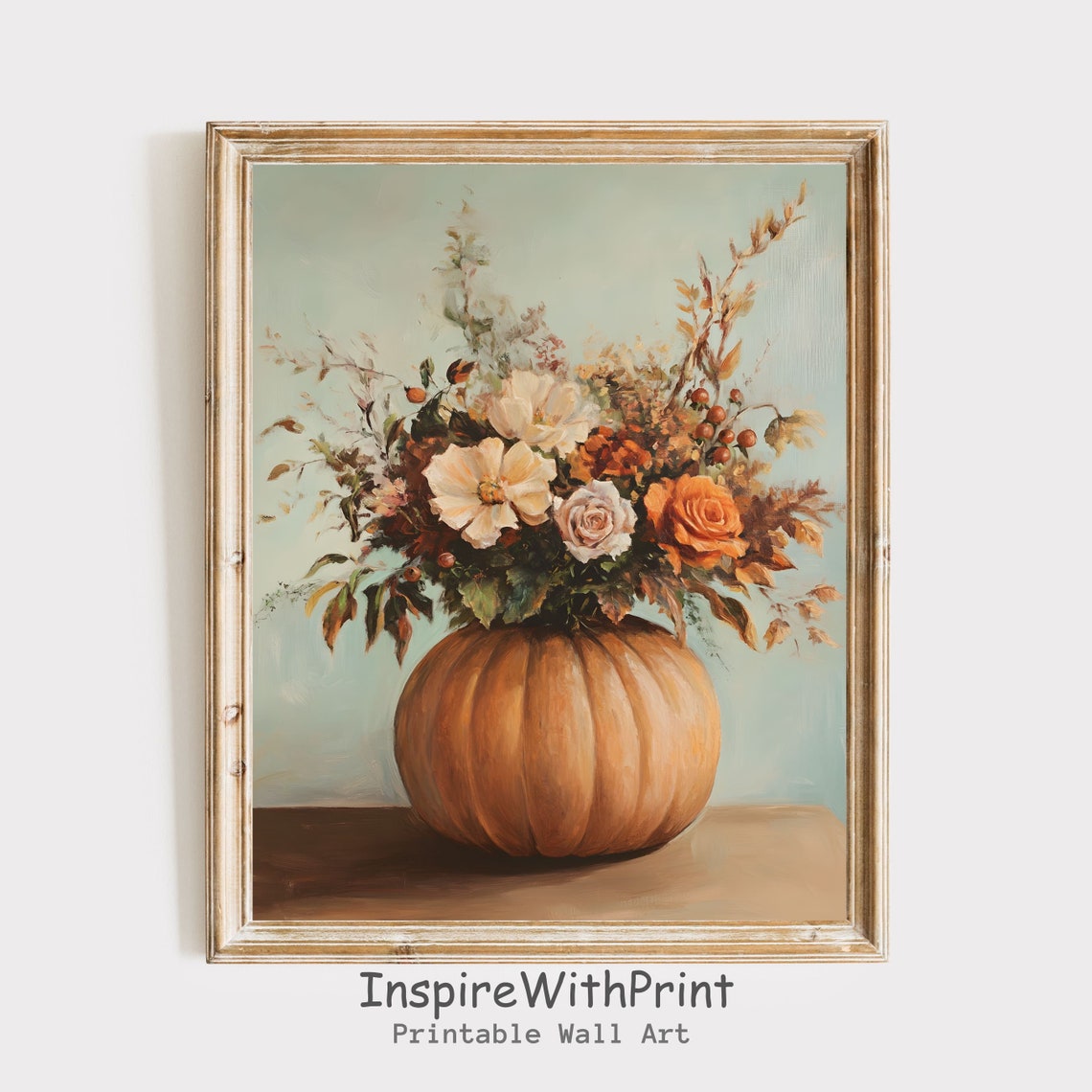 Vintage Pumpkin And Fall Botanical Wall Art Rustic Farmhouse Moody Decor Still Life Painting