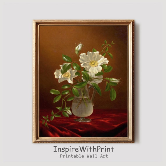 Vintage White Cosmos Flower Painting Moody Still Life Print Artful Floral Art Antique Wall