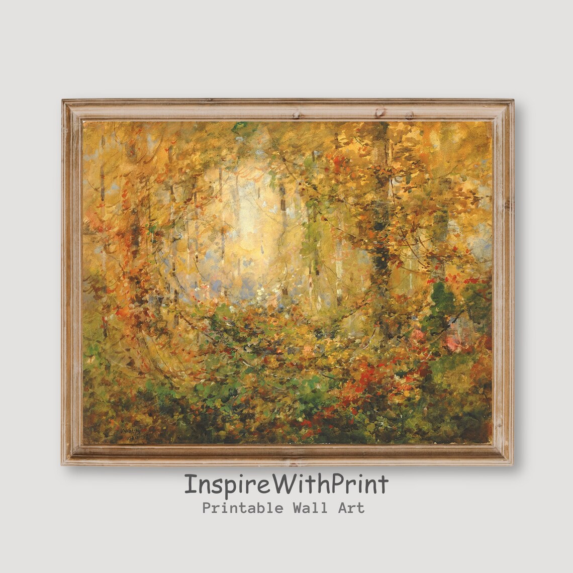 Moody Autumn Forest Vintage Oil Painting Fall Woodland Print
