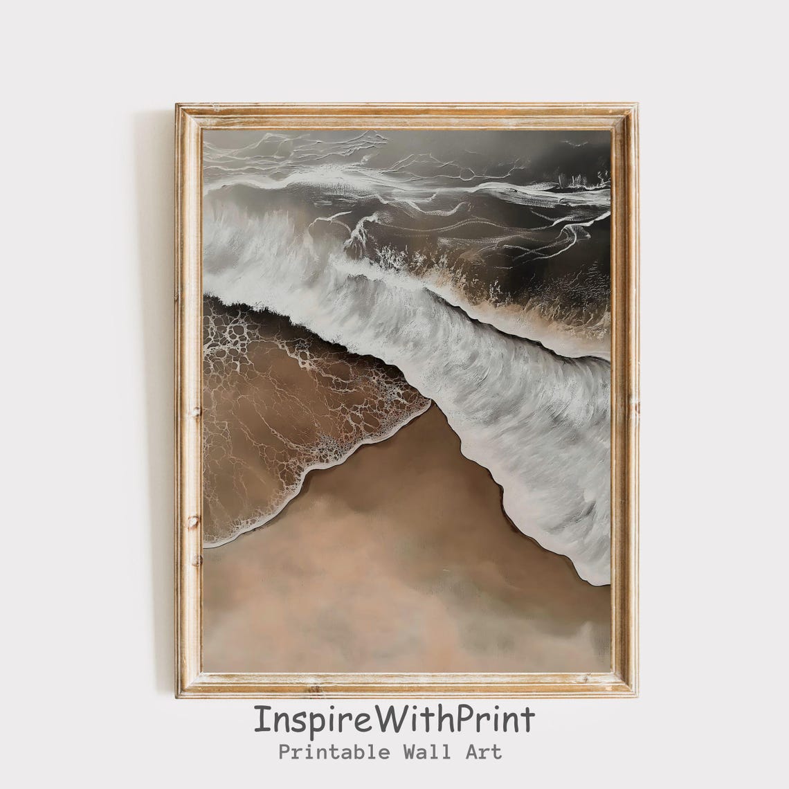 Neutral Ocean Wave Aerial Seascape Painting Mocha Beige Wall Art
