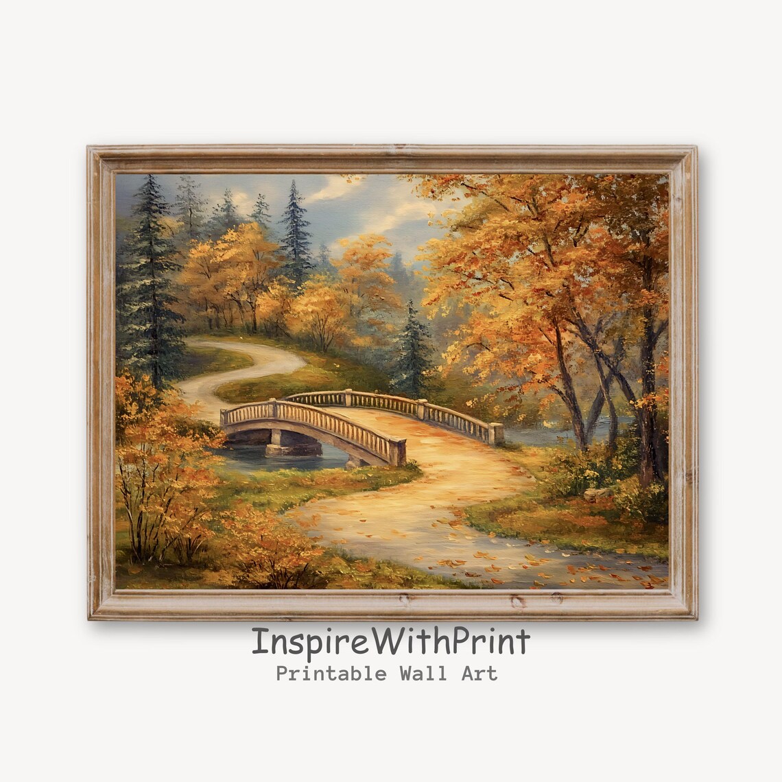Vintage Autumn Forest Bridge Oil Painting Poster Winding Sunlit Path