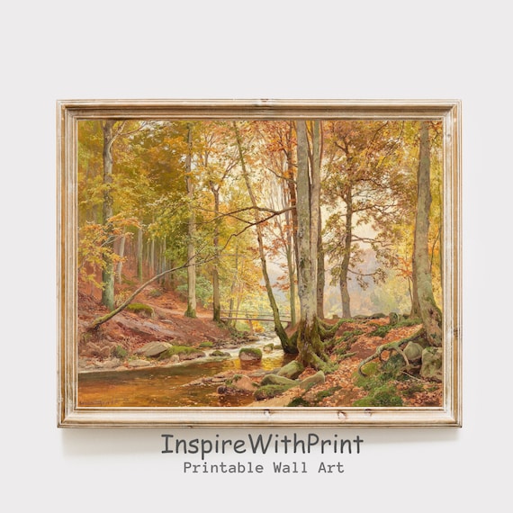 Autumn Forest Stream Vintage Oil Painting Fall Landscape Print