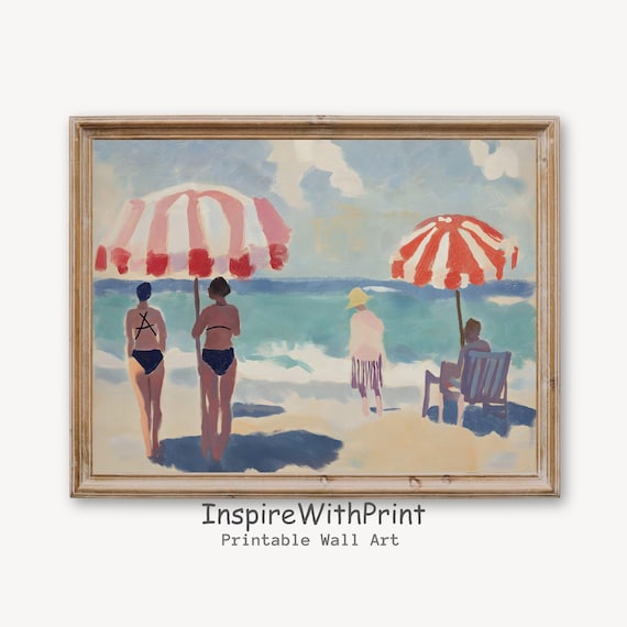 Retro Beach Day Red White Umbrellas Swimmers Vintage Summer Art Print