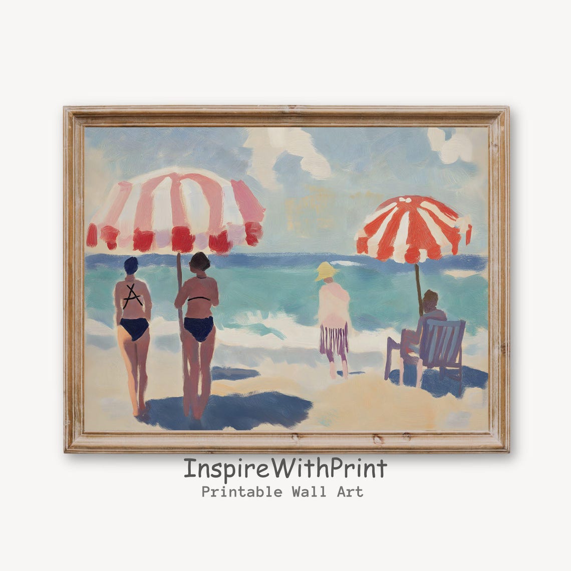 Retro Beach Day Red White Umbrellas Swimmers Vintage Summer Art Print