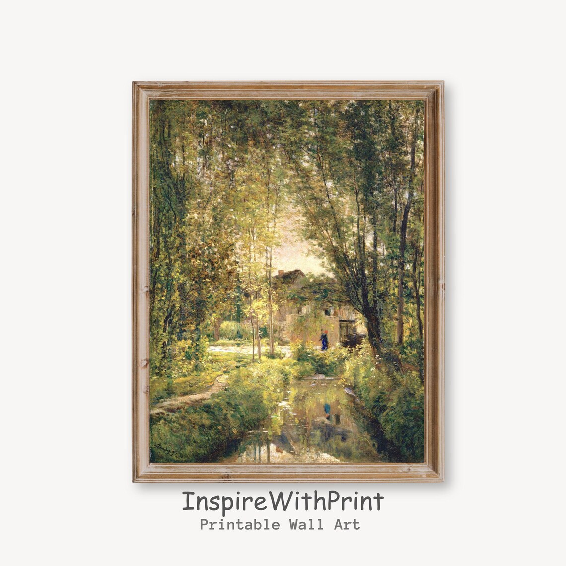 Vintage Country Landscape Cottage Stream Green Woodland Print