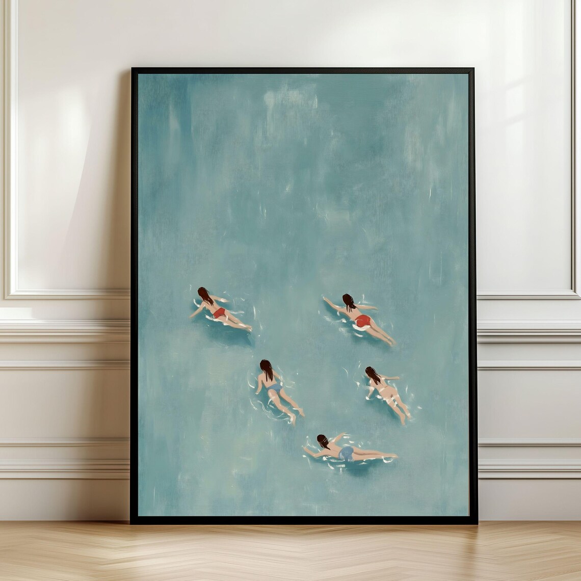 Swimmers Floating In Blue Water Aerial Minimalist Art Poster