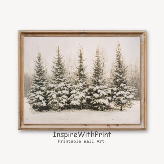 Snowy Pine Tree Painting Snow Winter Landscape Art Print Moody Christmas Farmhouse