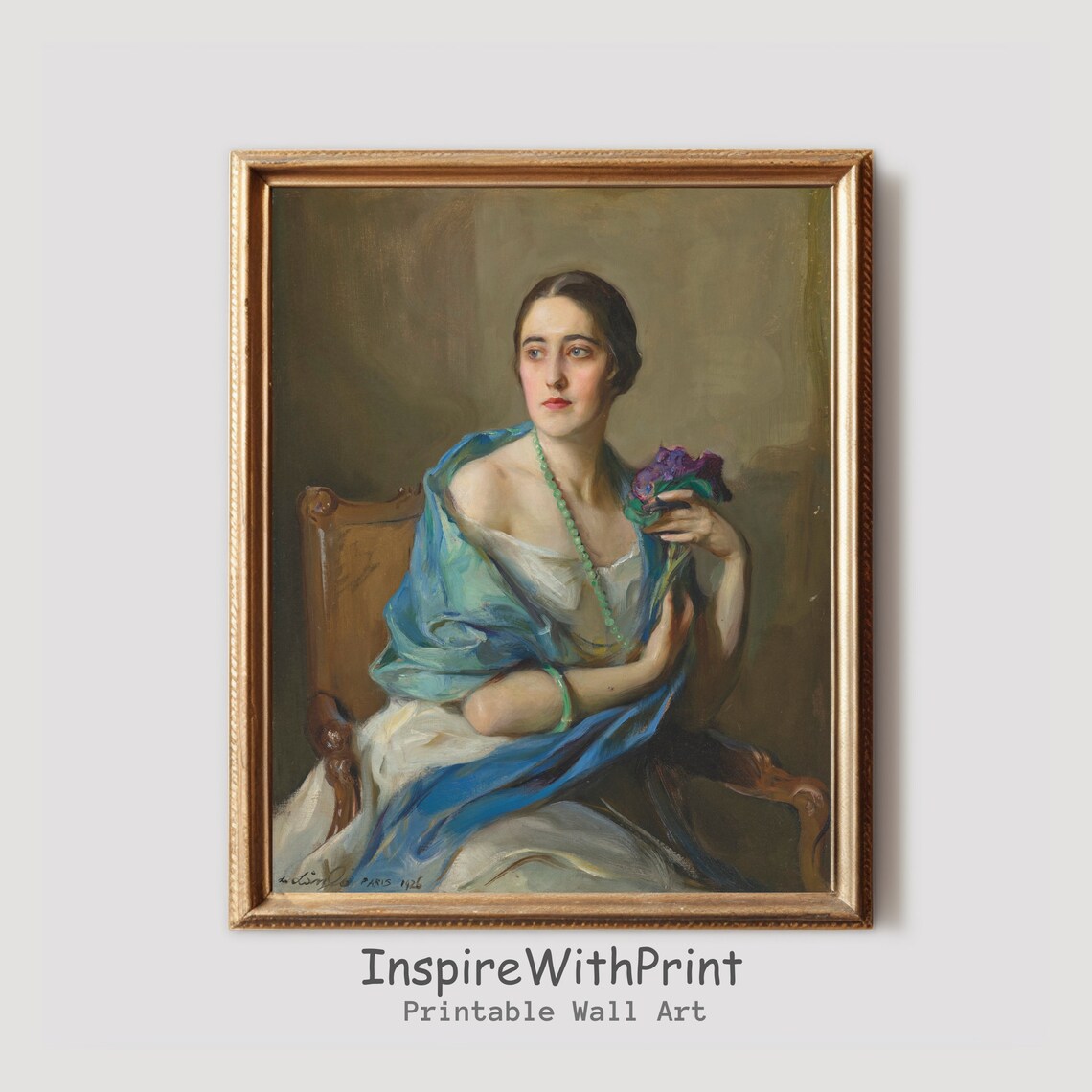 Vintage Woman Portrait With Flower Painting Antique Artful Print French Wall Art Moody