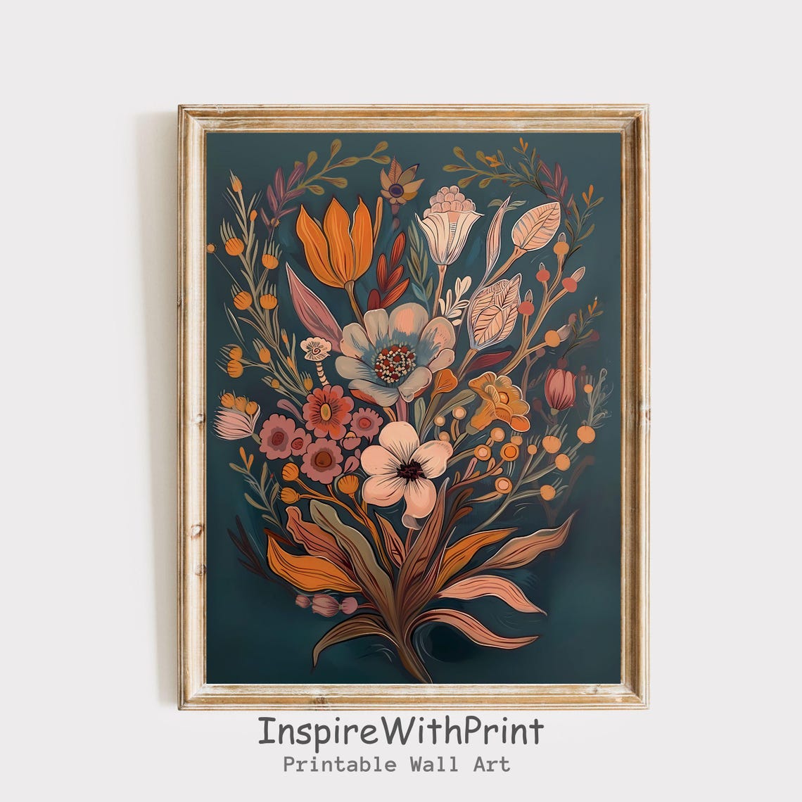 Colorful Midcentury Boho Wildflower Bouquet Teal Background Poster