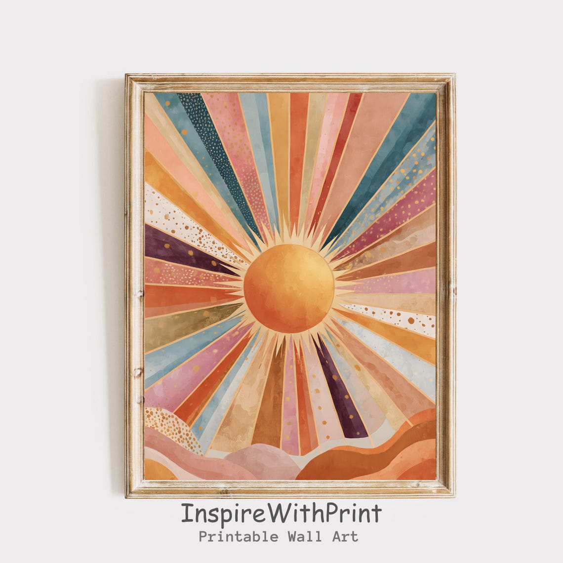 Warm Boho Sunrise with Rolling Hills and Colorful Rays Poster