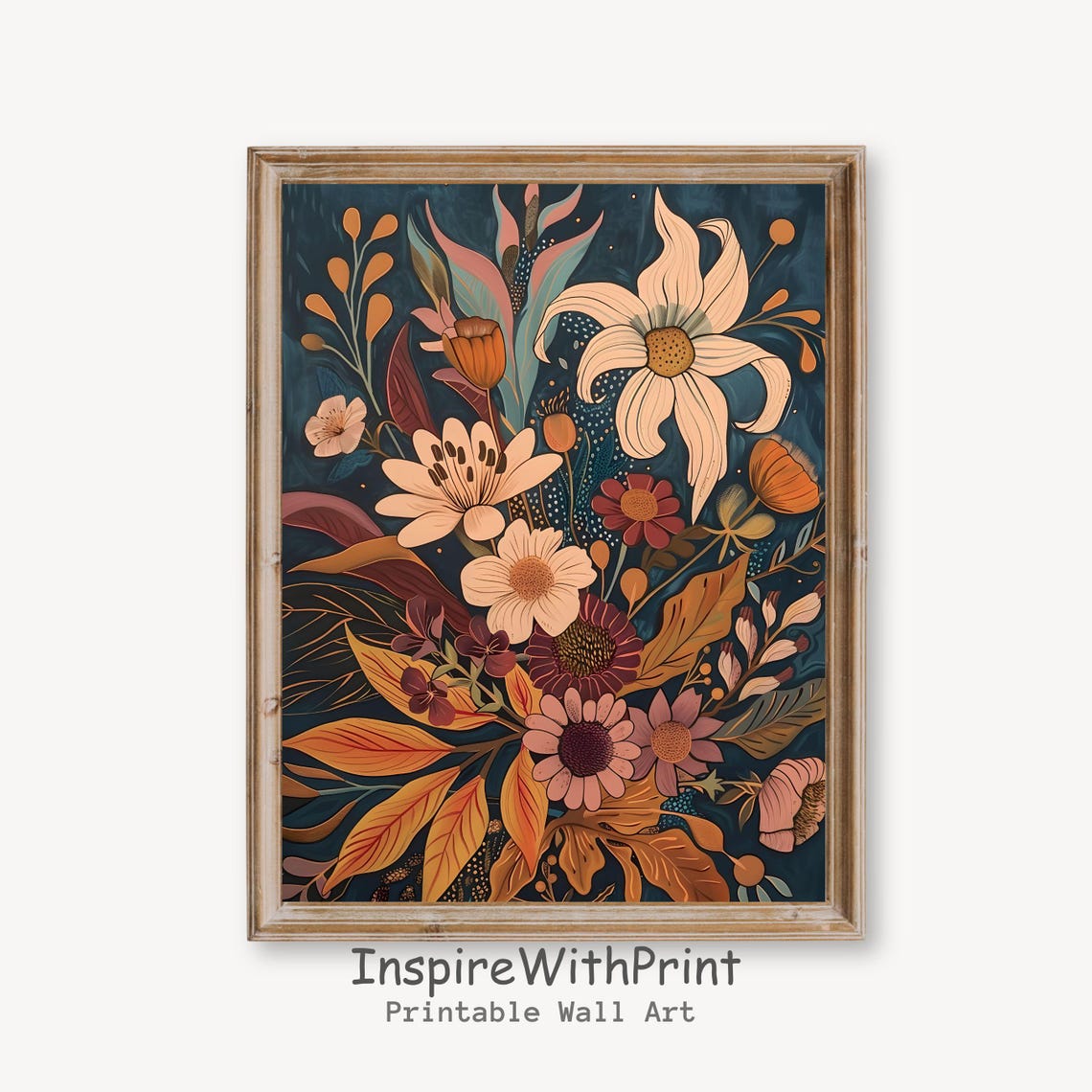 Midcentury Boho Daisy Bouquet Navy Floral Botanical Art Poster