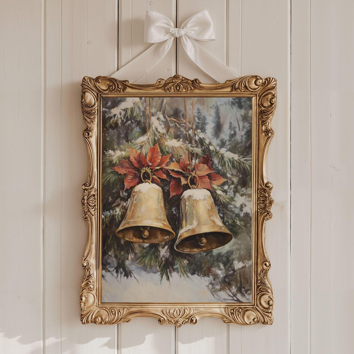 Gold Bells Poinsettia Snowy Christmas Holiday Painting Poster