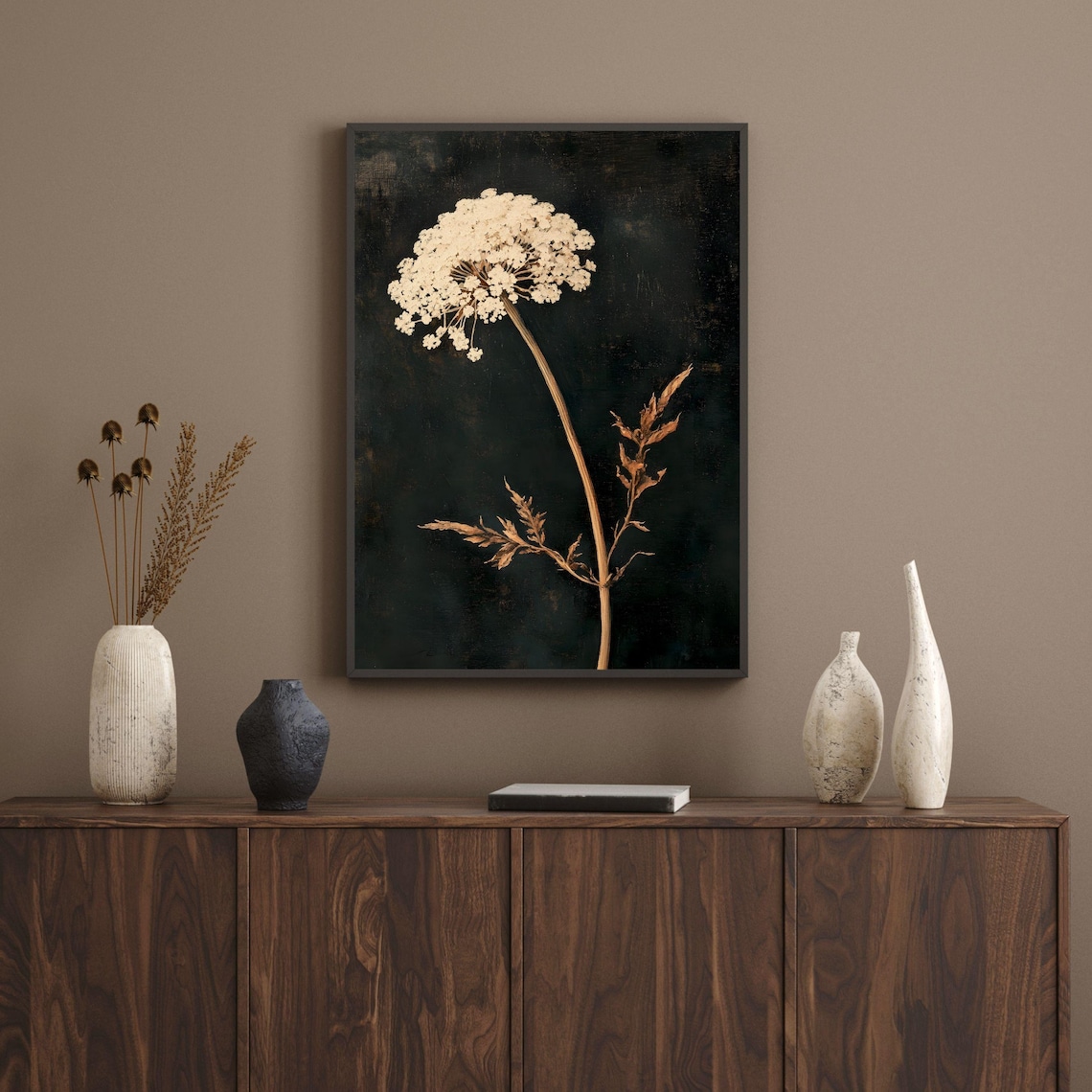 Moody Dark Floral White Bloom Antique Botanical Still Life Print
