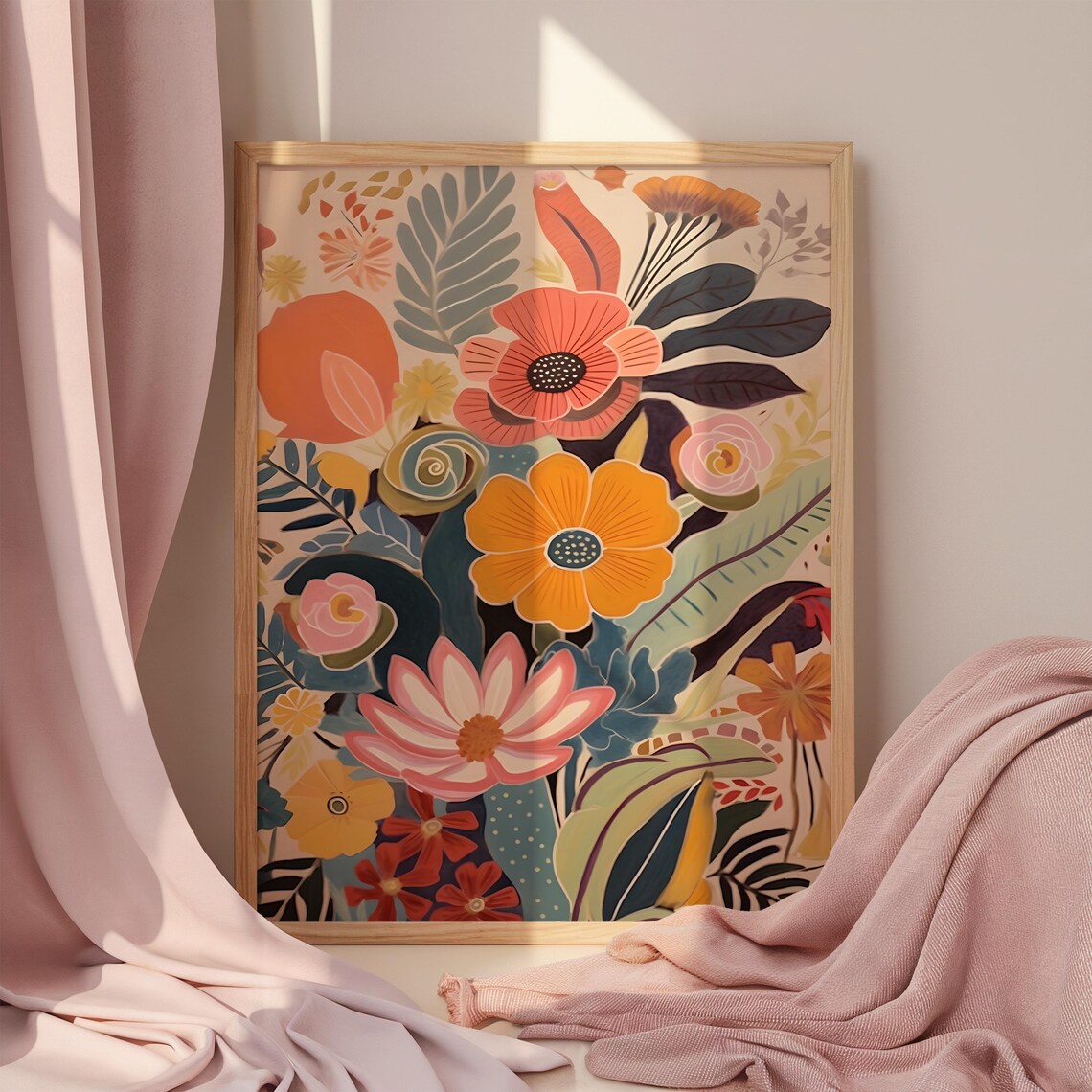 Midcentury Modern Floral Bouquet Poster in Coral Orange and Teal