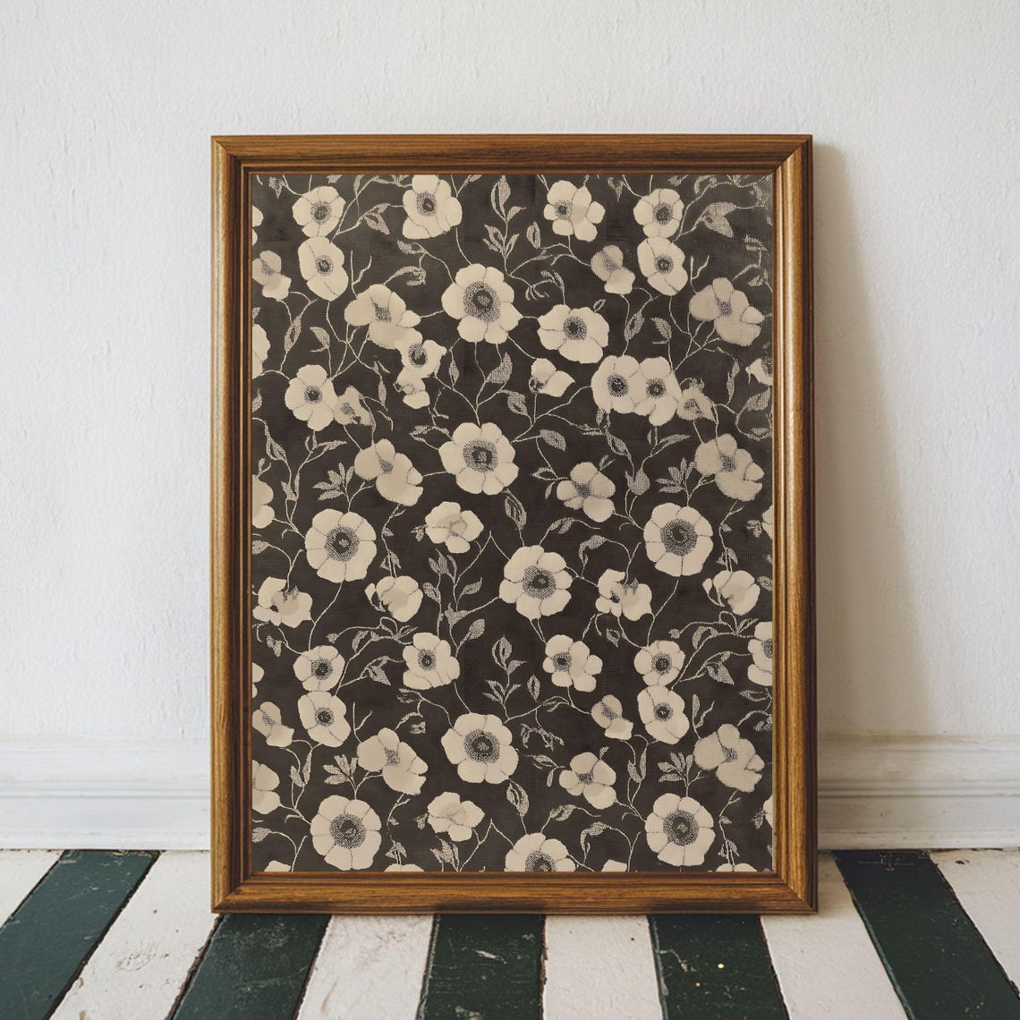 Vintage Cream Anemone Pattern on a Dark Floral Textile Poster