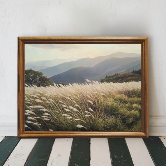 Country Meadow Grass Field Landscape Print Pampas Wall Art Neutral Nature Rustic Mountain