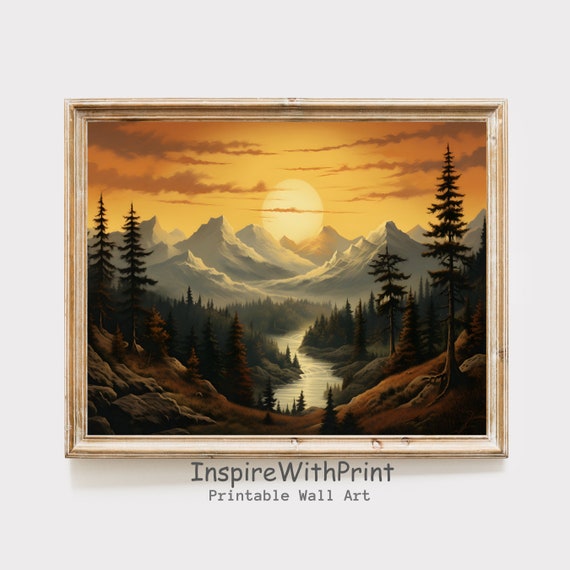 Mountain Sunset Landscape Print Pine Tree Forest Wall Art Oil Painting Rustic
