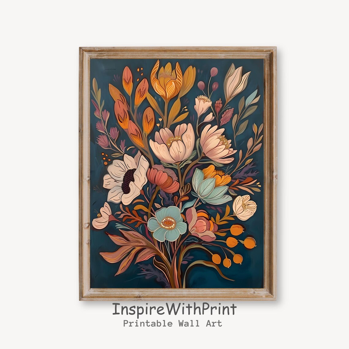 Orange Tulip and Berry Midcentury Wildflower Bouquet Teal Poster