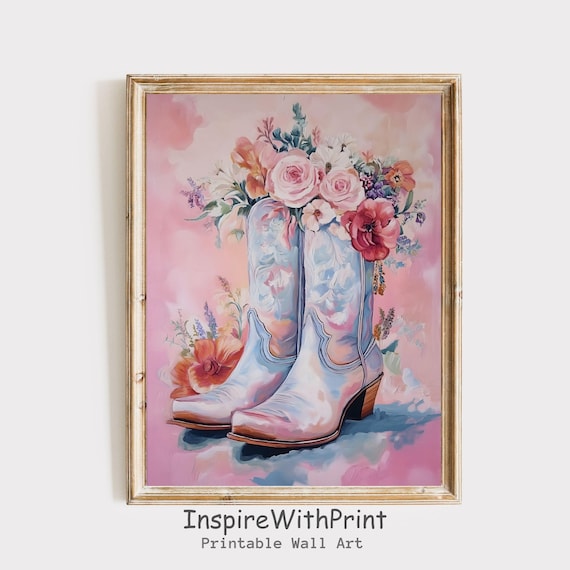 Pastel Cowgirl Boots With Flower Bouquet Western Floral Art Poster