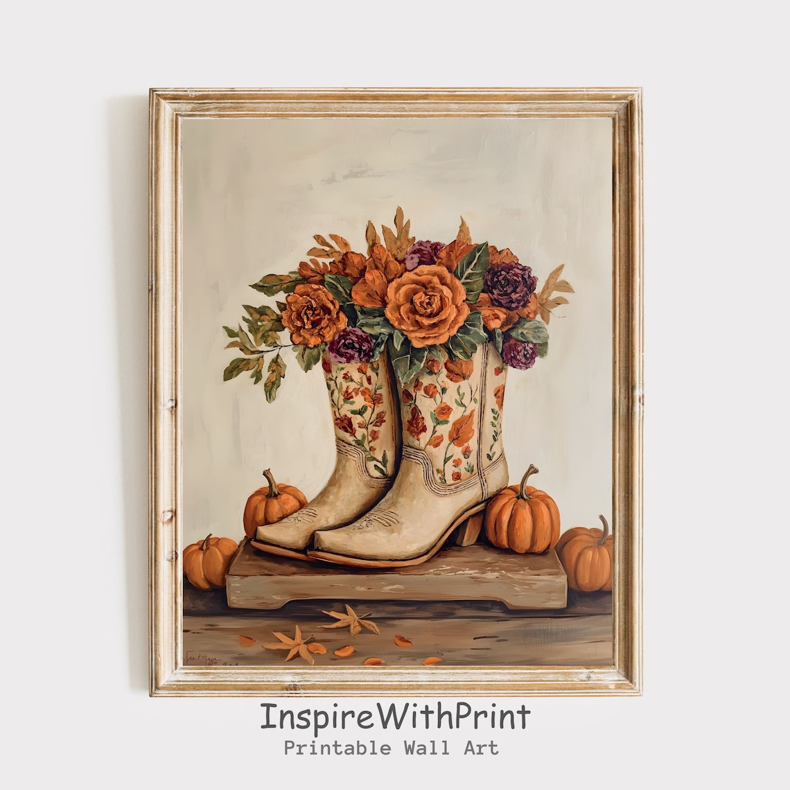 Floral Cowgirl Boots With Fall Flowers And Pumpkins Autumn Poster