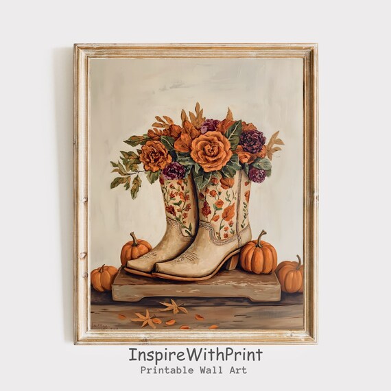 Floral Cowgirl Boots With Fall Flowers And Pumpkins Autumn Poster