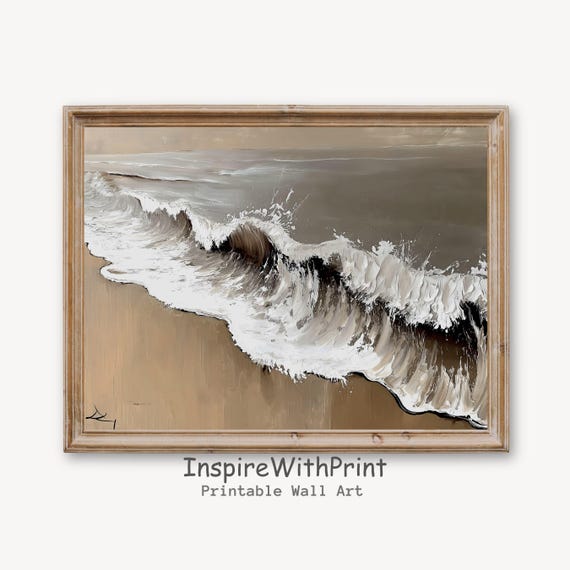 Rustic Coastal Landscape Wall Art Boho Beach Print Moody Ocean Wave Neutral Seascape Decor Waves Painting