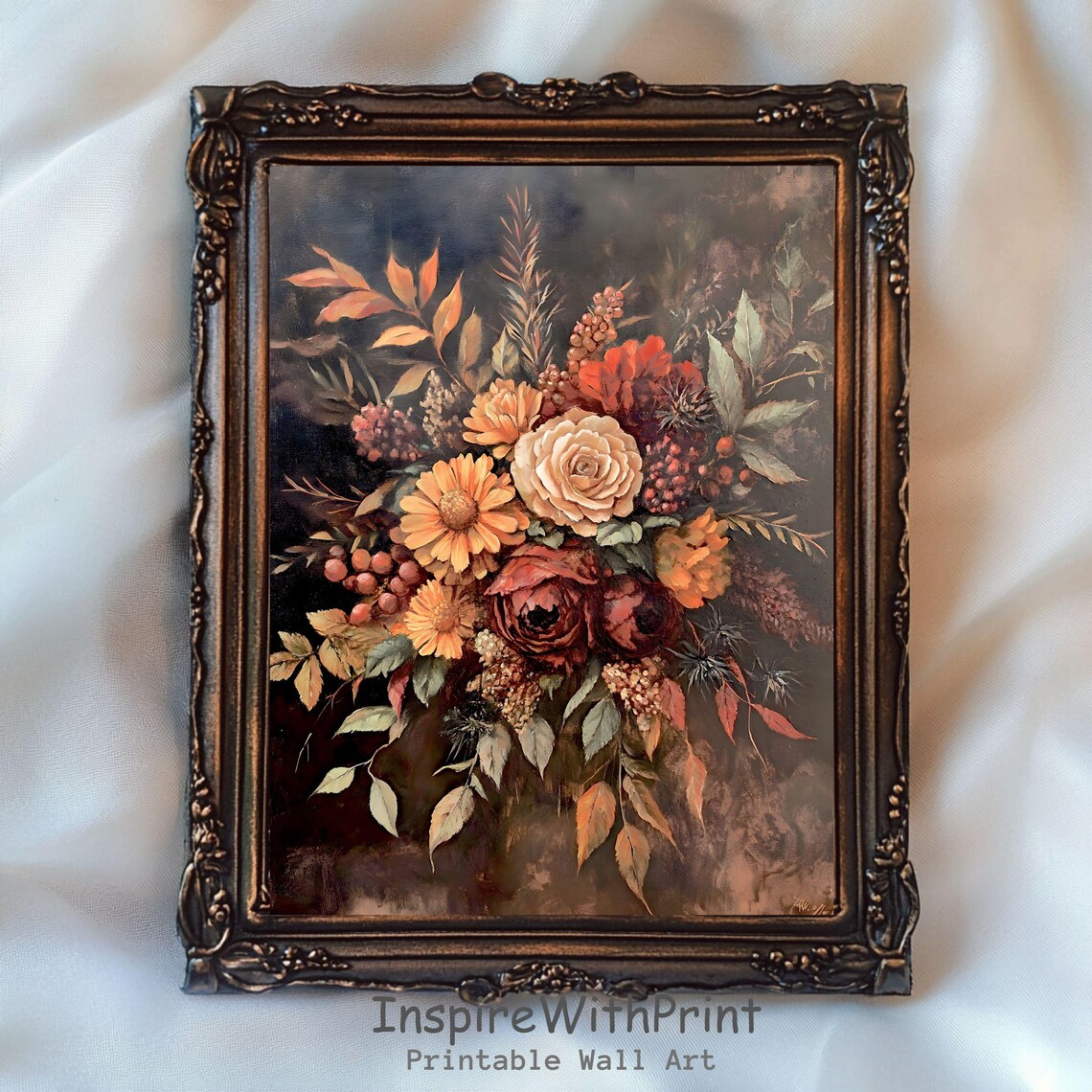 Rustic Fall Floral Art Print, Moody Autumn Botanical