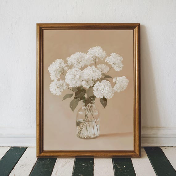Vintage White Hydrangea Print Moody Flower Painting Cottage Core Farmhouse Art Neutral Wall Soft Beige