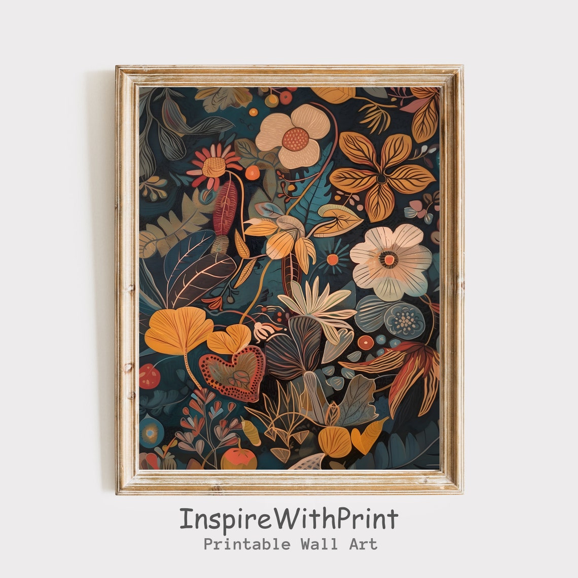 Midcentury Moody Floral Bouquet on Dark Autumn Botanical Poster