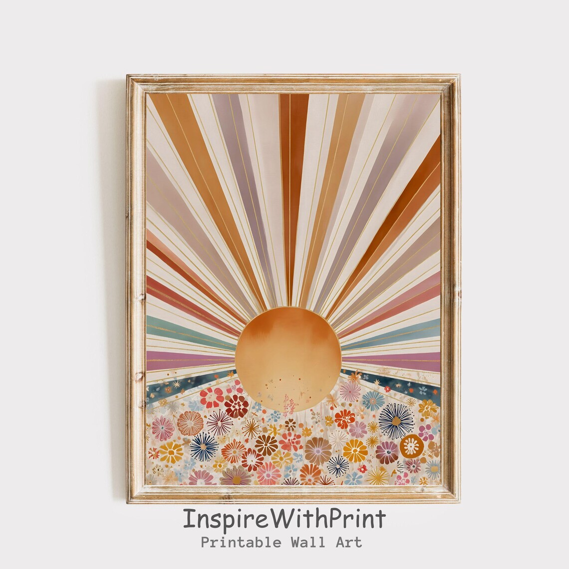 Boho Sun Print Earthtones Wall Art Abstract Sunrise Midcentury Modern Playroom Poster Nursery