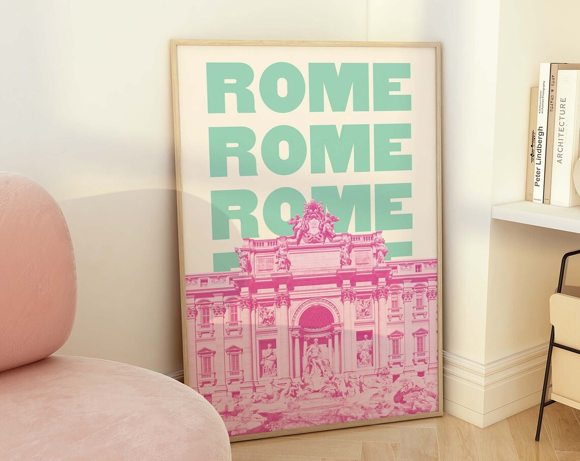Rome Trevi Fountain Poster with Pink Fountain and Mint Typography
