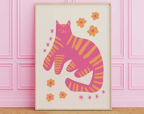 Pink Striped Cat With Orange Flowers Fun Whimsical Kitty Wall Print