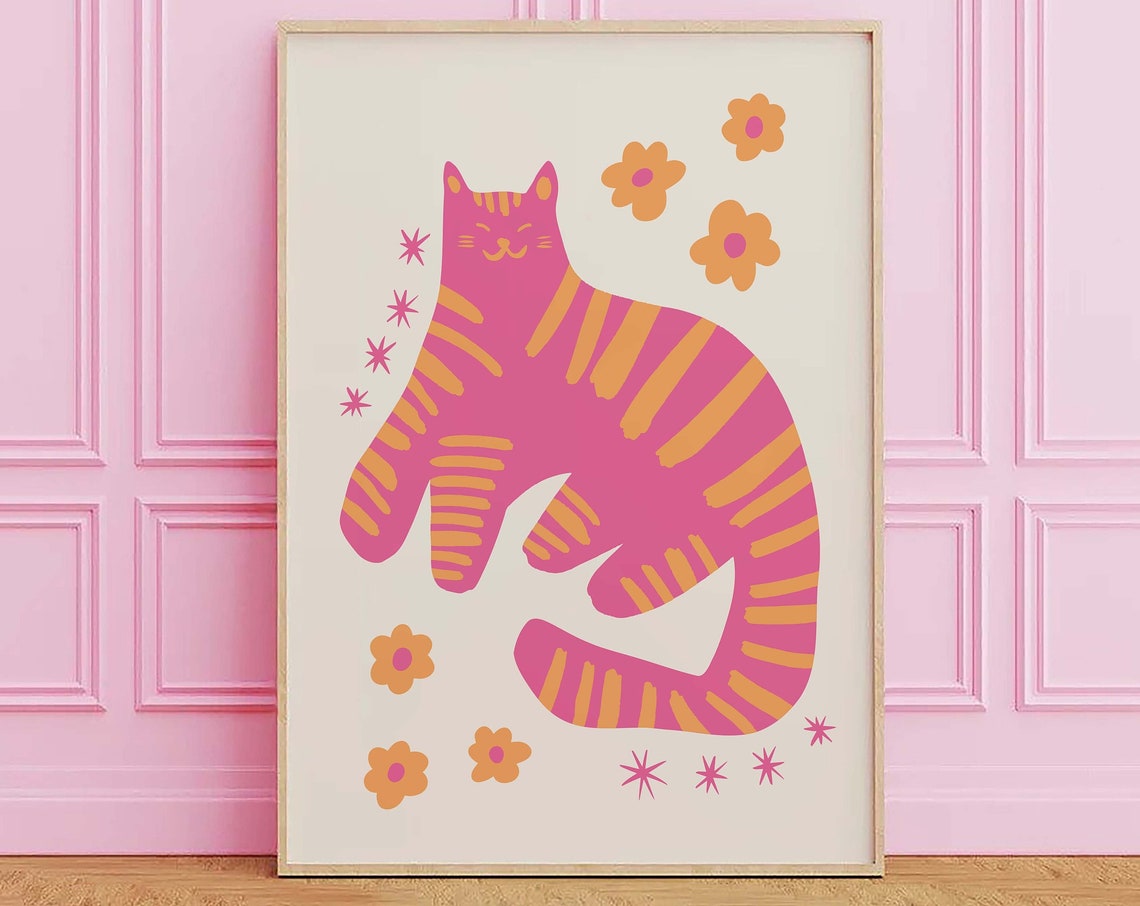 Pink Striped Cat With Orange Flowers Fun Whimsical Kitty Wall Print