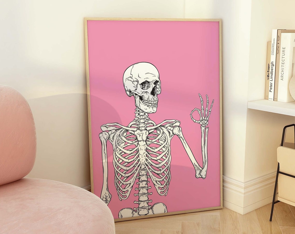 Funny Skeleton OK Hand Gesture Pink Background Line Art Poster