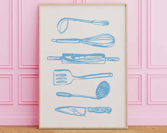 Kitchen Utensils Print Art Blue Kitchen Decor Neutral Foodie Art Poster Cute Trendy Wall Art Gift For Cook