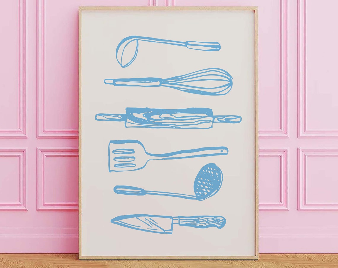 Kitchen Utensils Print Art Blue Kitchen Decor Neutral Foodie Art Poster Cute Trendy Wall Art Gift For Cook