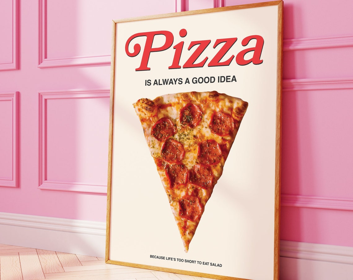 Pizza Print Art Red Kitchen Decor Retro Pizza Poster Cute Food Kitchen Art