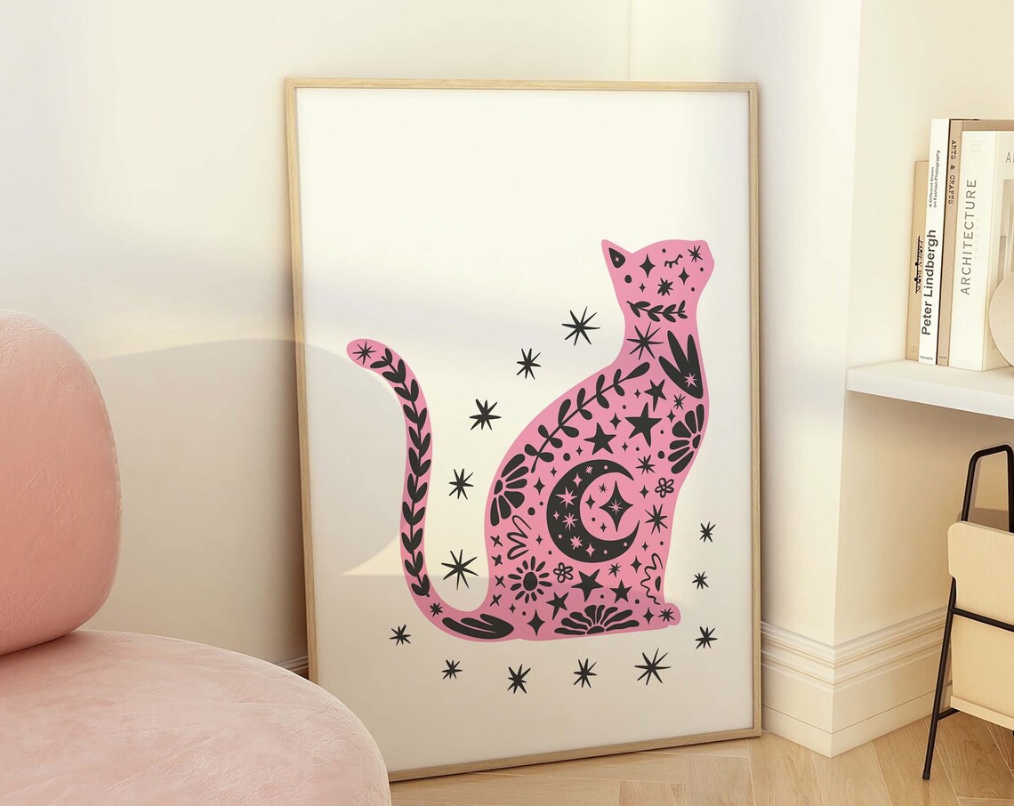 Pink Celestial Cat Stars Moon Halloween Spooky Cute Wall Poster