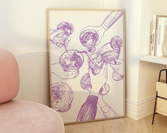 Cheers Cocktail Print Art Cute Purple Bar Car Print Neutral Cocktail Bar Art Trendy Kitchen Wall Art