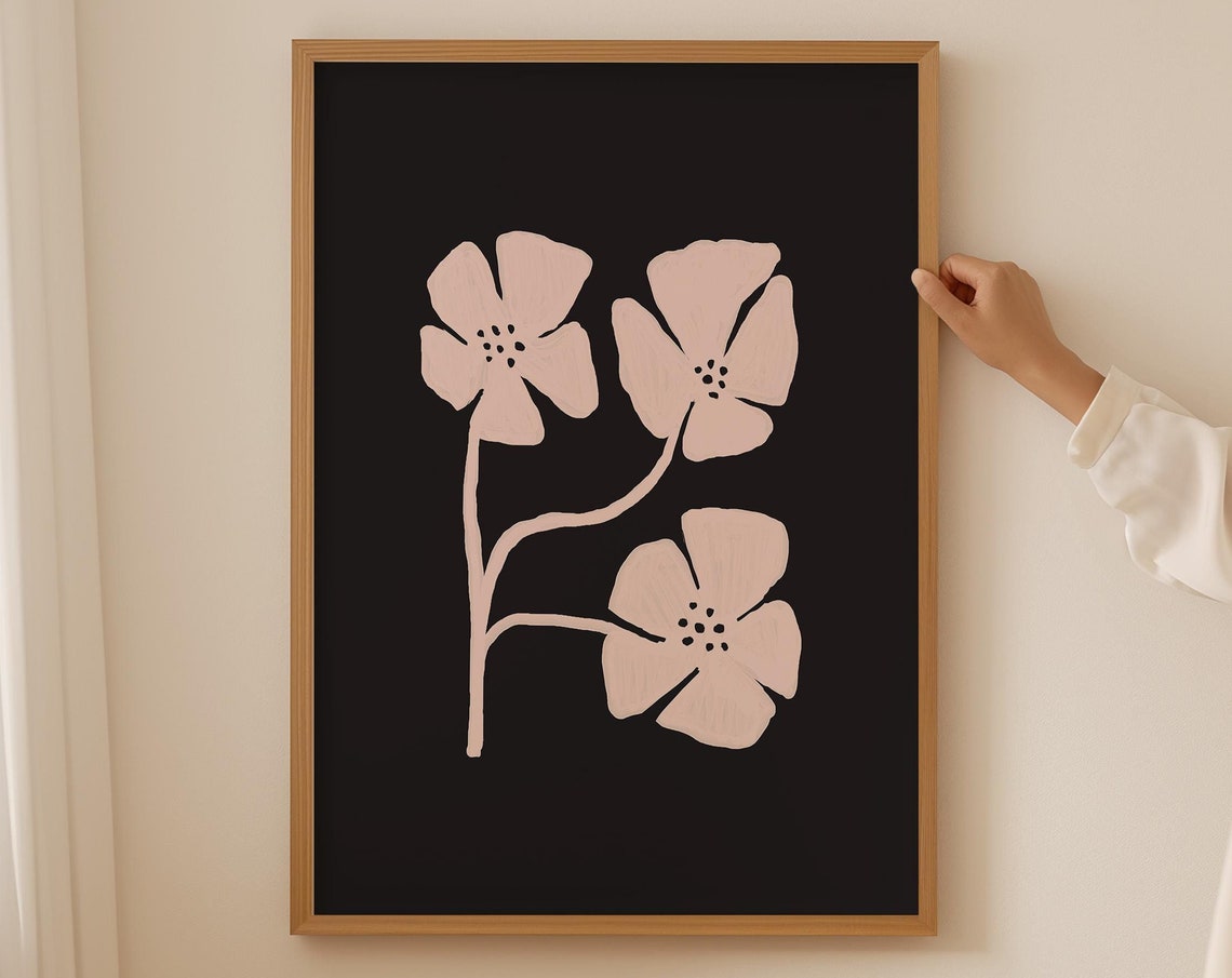 Three Cream Flowers On Black Background Modern Floral Art Poster